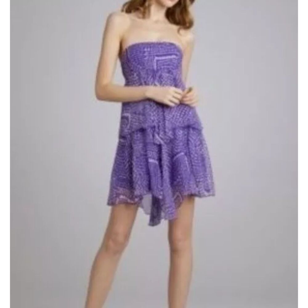 Y2K BCBG Max Azria Silk Strapless Mini Dress Purple Wisteria Print Tiered Sz S